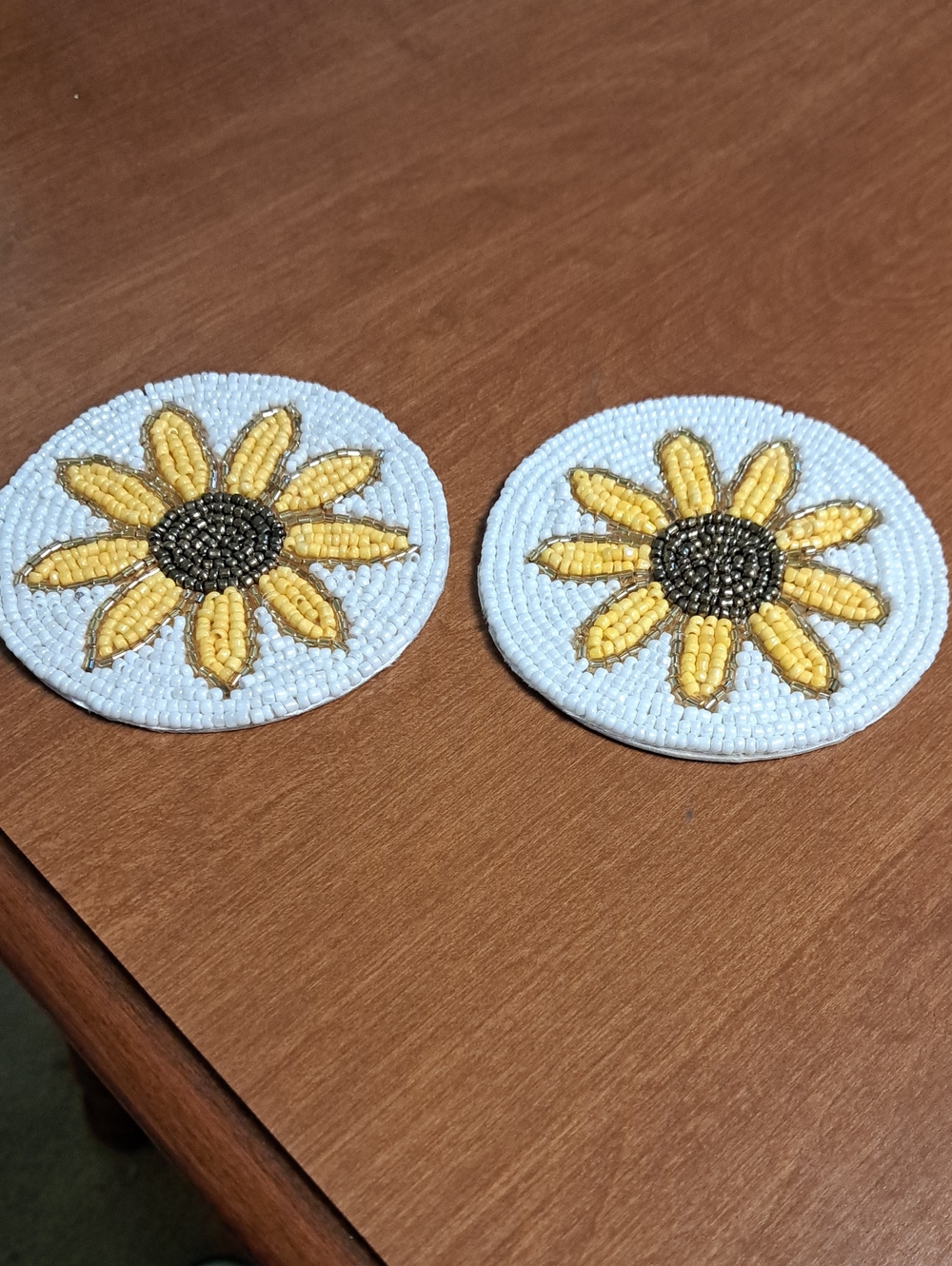 Beaded Sunflower Applique Patches - Yellow on White (Pair)
